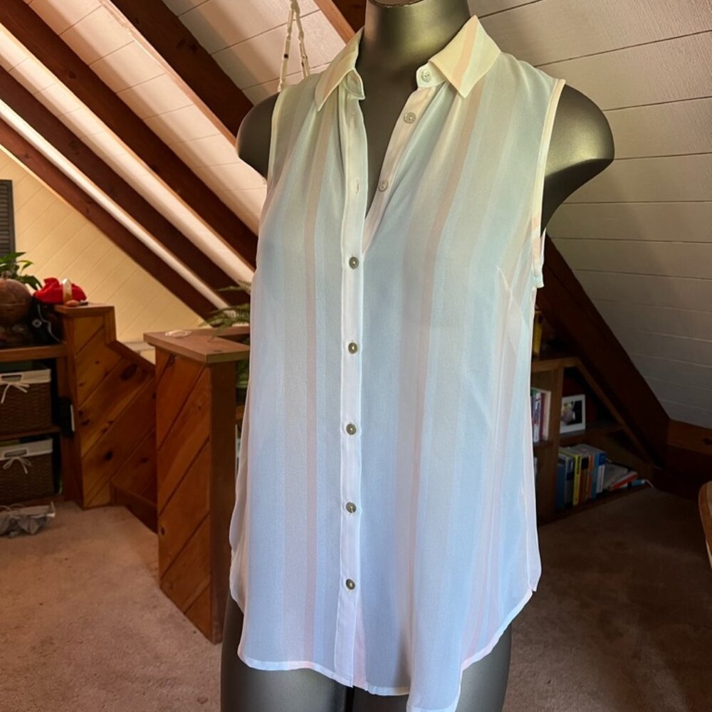 S - A New Day - Pale Pink Striped + Collared Sleeveless Blouse 